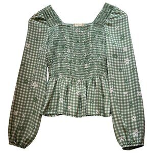 Womens Milkmaid Smocked Babydoll Top Size S Green White Gingham
